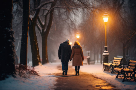 Couple walking in the winter park. Man and woman walking in the park at night.の素材