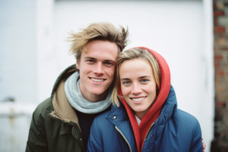 Portrait of young couple smiling at camera outside in cold winter day.の素材