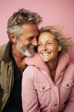 Portrait of a happy senior couple embracing each other and looking at camera over pink background.の素材