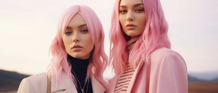 Panoramic shot of beautiful girls with pink hair looking at camera.の素材