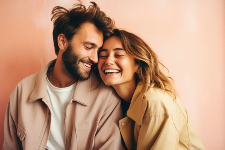 Happy couple in beige clothes embracing and looking at each other on pink background.の素材