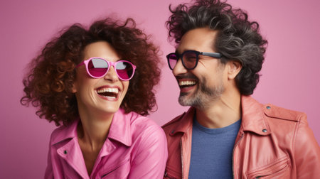 Happy young couple in sunglasses smiling and looking at camera isolated on pink.の素材
