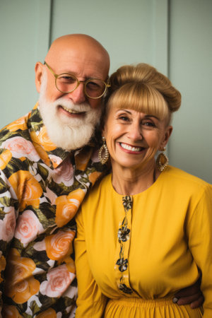 Portrait of happy senior couple embracing each other and smiling at camera.の素材