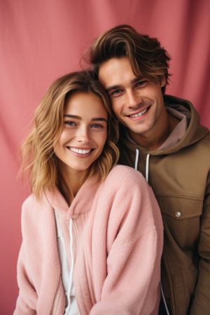 Image of happy young loving couple posing isolated over pink wall background.の素材