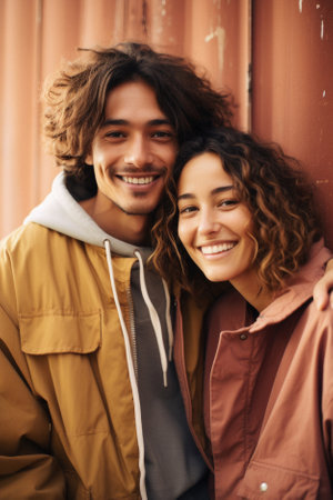 Portrait of a smiling young couple standing outdoors, looking at camera.の素材