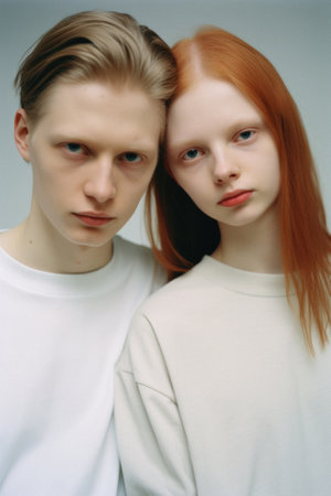 Portrait of a young couple in white clothes on a gray background.の素材