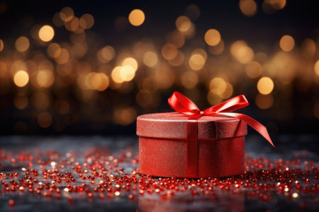 Gift box with red ribbon on bokeh lights background.の素材