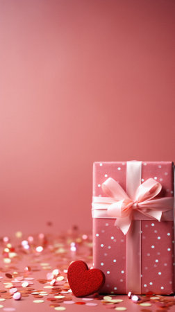 Valentine's day background with gift box and heart on pink background.の素材