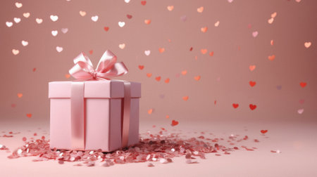 Pink gift box with pink ribbon and heart confetti on pink background.の素材