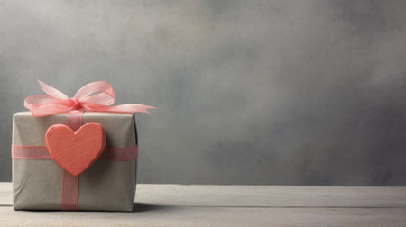 Gift box with red heart on wooden table and gray background.の素材
