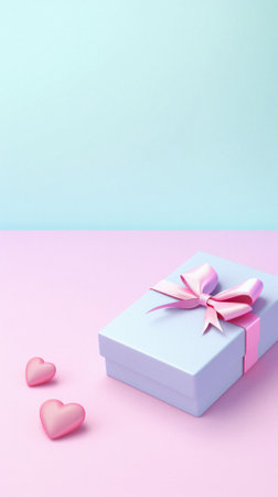 Gift box with ribbon and hearts on pastel pink and blue background.の素材