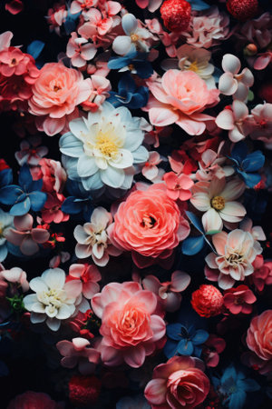 Beautiful artificial flowers as a background, top view. Floral background.の素材