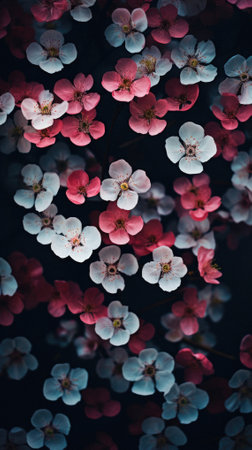 Pink and blue cherry blossoms on dark background. Floral background.の素材