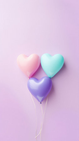 Colorful heart-shaped balloons on pastel background with copy space.の素材