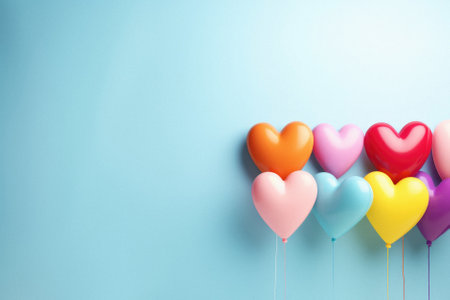 Colorful heart balloons on pastel blue background with copy space.の素材