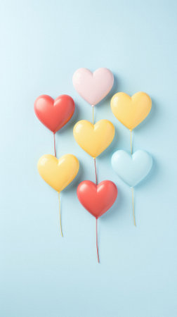 Colorful heart shaped balloons on blue background. Valentine's day concept.の素材