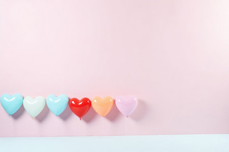 Colorful heart shape balloons on pastel pink and blue background.の素材