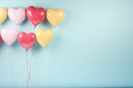 Valentine's day background with heart shaped balloons on blue background.の素材