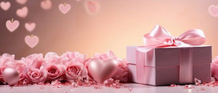 Valentine's Day background with pink roses and gift box.の素材
