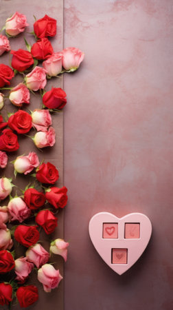 Valentine's Day background with red roses and gift box on a pink background.の素材