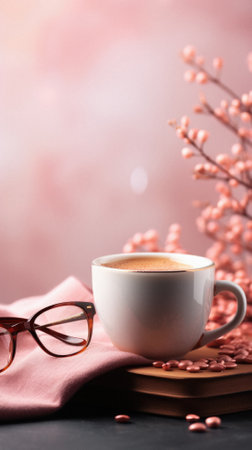 Cup of coffee with eyeglasses and red flowers on table.の素材