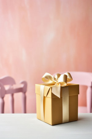 Gift box with golden bow on white table against pink wall background.の素材