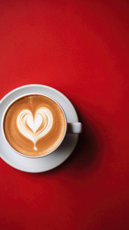 Cup of cappuccino with heart shape on red background.の素材