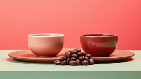 Coffee cup and coffee beans on a pink and green background.の素材