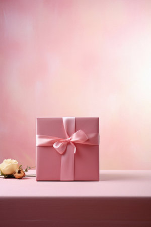 Pink gift box with pink bow on pink background. copy space.の素材