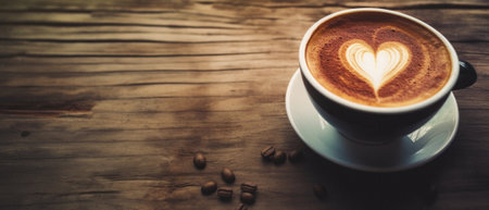 Coffee cup with heart shape latte art on wooden background.の素材
