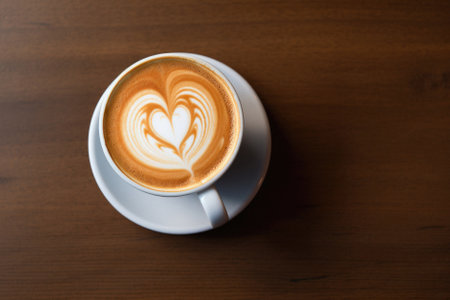 Latte art coffee on wooden table in coffee shop.の素材