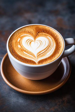 Coffee cup with heart shape latte art on dark background.の素材