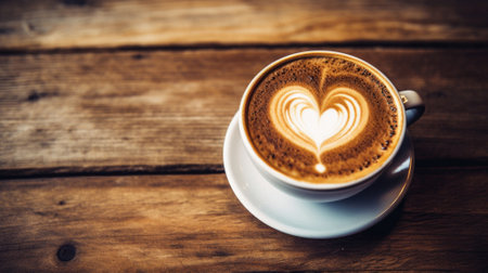 Coffee cup with heart shape latte art on wooden table.の素材