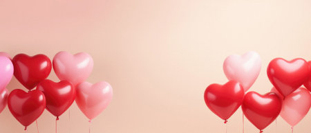 Valentine's day background with red and pink heart-shaped balloons.の素材