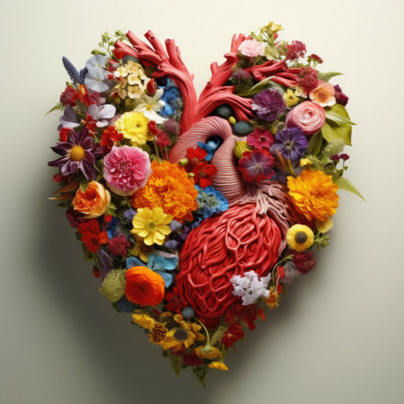 Heart made of colorful flowers on gray background, valentine concept.の素材