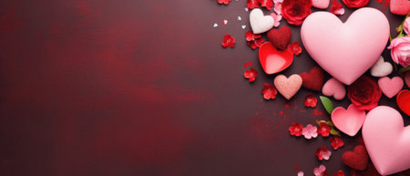 Valentine's day background with red hearts, roses and confetti.の素材