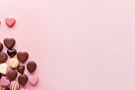 Valentines day background with chocolate candies and hearts on pink.の素材