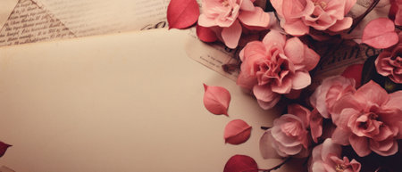 Bouquet of pink flowers and old book. Vintage style.の素材