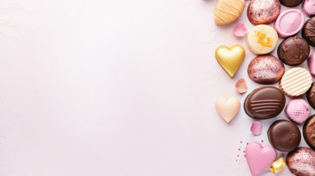 Valentine's day background with chocolates and hearts on white.の素材