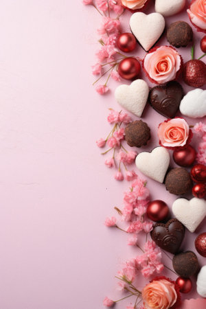 Valentines day background with chocolate candies and flowers on pink.の素材