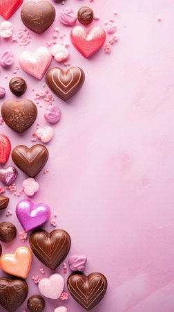 Chocolate hearts on pink background. Valentine's day background. Top view.の素材