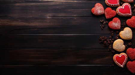 Valentines day background with heart shaped cookies and spices on dark wooden table.の素材
