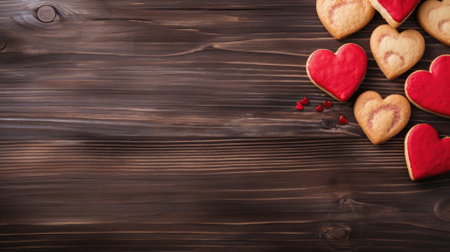 Heart shaped cookies on wooden background. Valentines day. Copy space.の素材