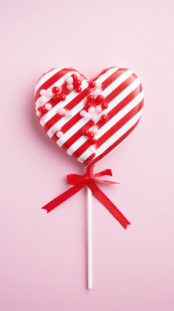 Heart shaped lollipop on pink background. Top view, copy space.の素材