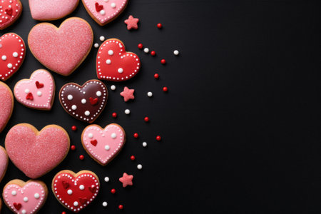 Valentine's Day greeting card with heart shaped cookies on black background.の素材