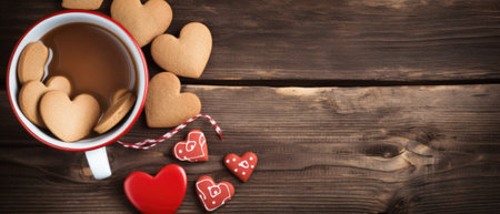 Valentine's day heart shaped cookies and cup of coffee on wooden background.の素材