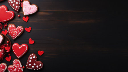 Valentine's Day background with heart shaped gingerbread cookies on wooden table.の素材