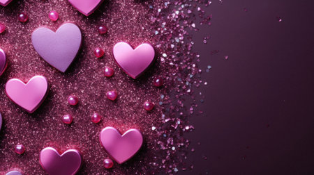 Valentine's day background with pink hearts on glittering pink background.の素材