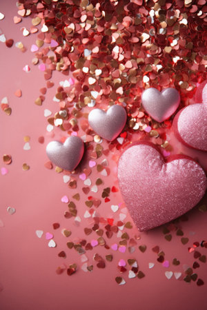 Valentine's day background with pink hearts and confetti.の素材