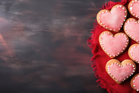 Valentine's day greeting card with heart shaped cookies on dark wooden background. Top view with copy space.の素材